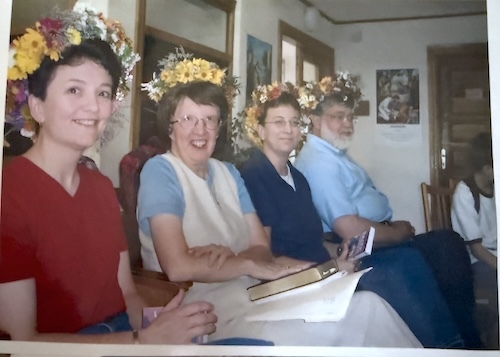 Four people in Lithuanian headdress